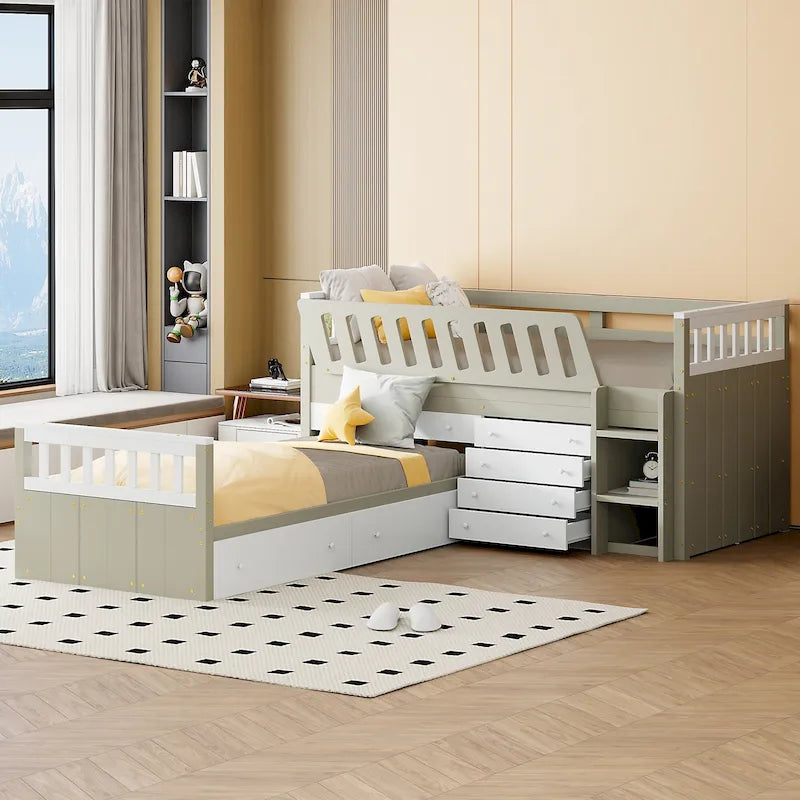 Cama alta tipo loft de madera de pino con cinco cajones y barandilla inclinada