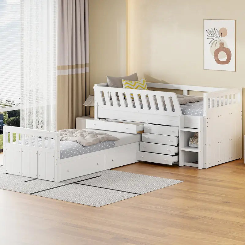 Cama alta tipo loft de madera de pino con cinco cajones y barandilla inclinada