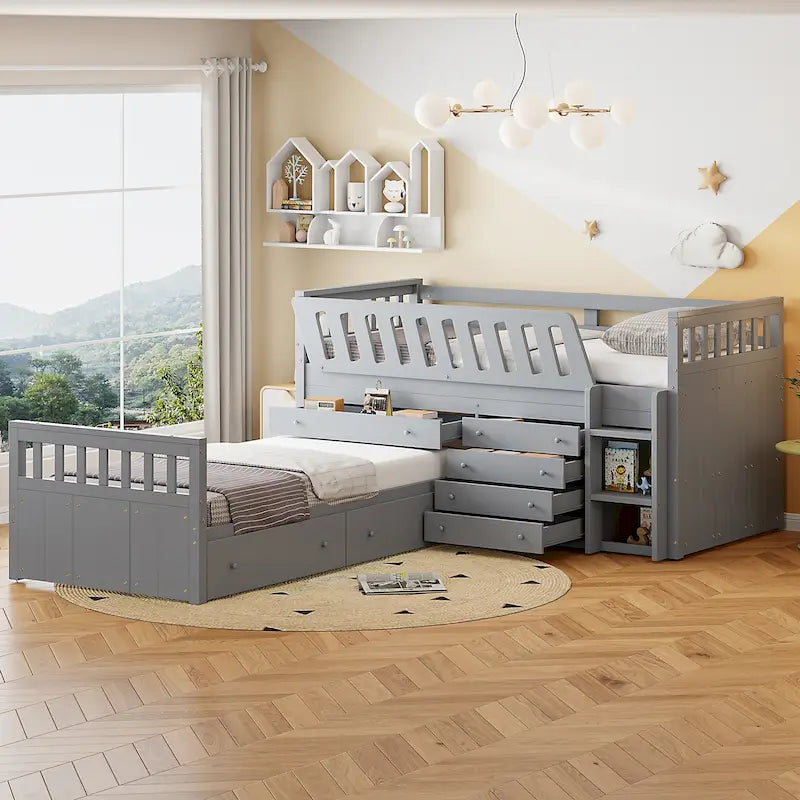 Cama alta tipo loft de madera de pino con cinco cajones y barandilla inclinada