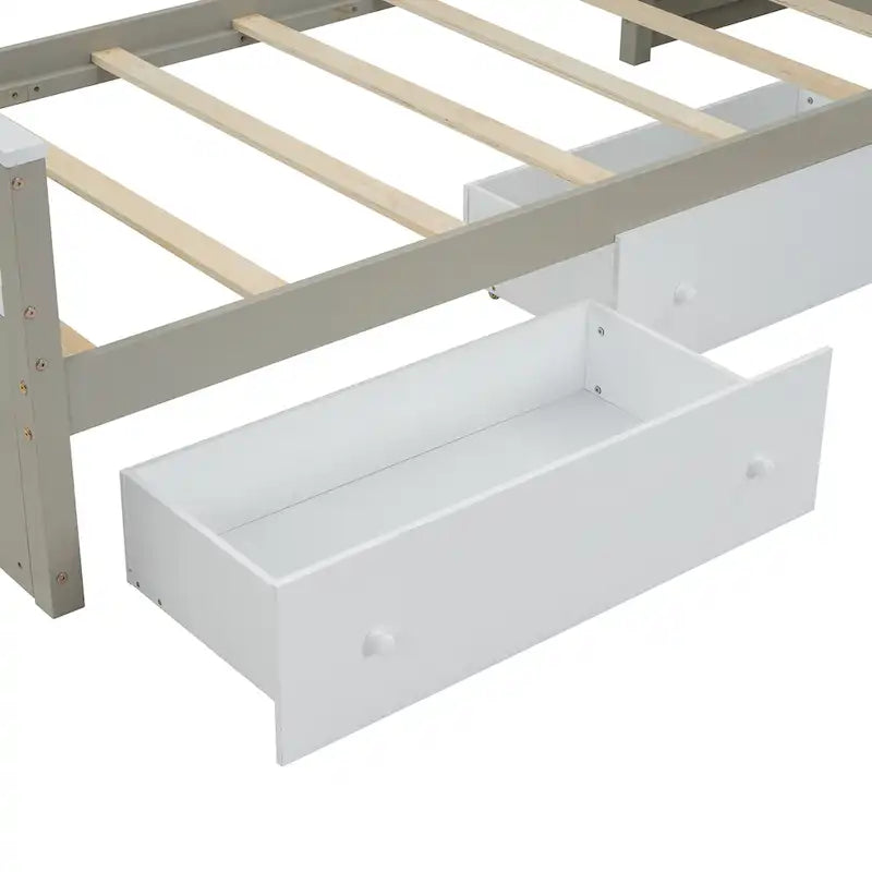 Cama alta tipo loft de madera de pino con cinco cajones y barandilla inclinada