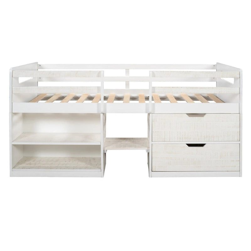 Cama baja tipo loft de madera de pino con estantes y cajones de almacenamiento