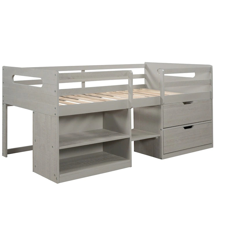 Cama baja tipo loft de madera de pino con estantes y cajones de almacenamiento
