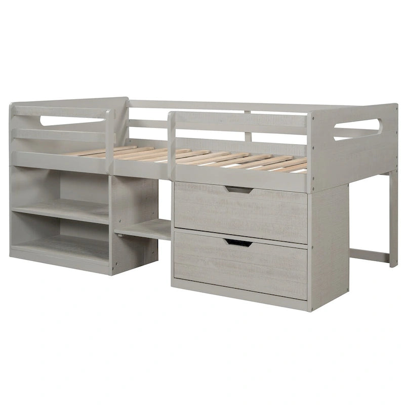 Cama baja tipo loft de madera de pino con estantes y cajones de almacenamiento