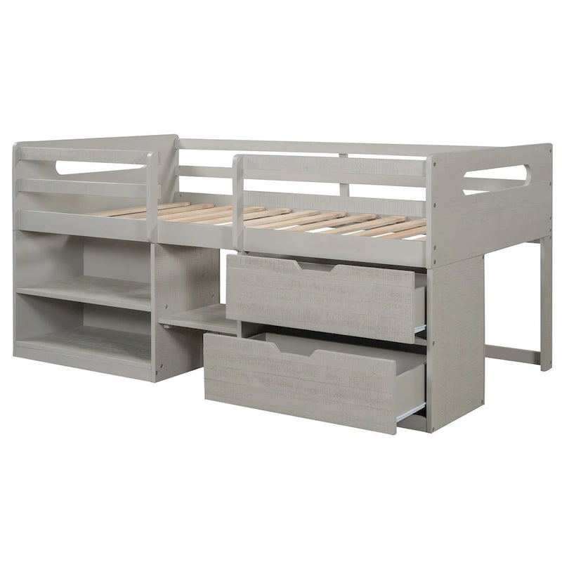 Cama baja tipo loft de madera de pino con estantes y cajones de almacenamiento