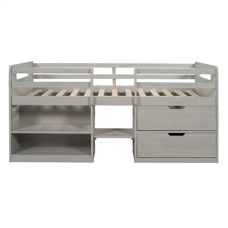 Cama baja tipo loft de madera de pino con estantes y cajones de almacenamiento