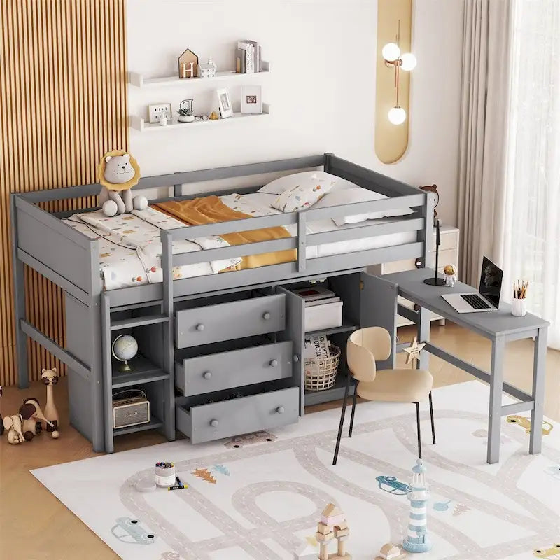 Cama baja tipo loft de madera de pino con escritorio extraíble y almacenamiento