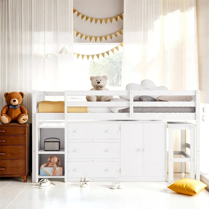 Cama baja tipo loft de madera de pino con escritorio extraíble y almacenamiento