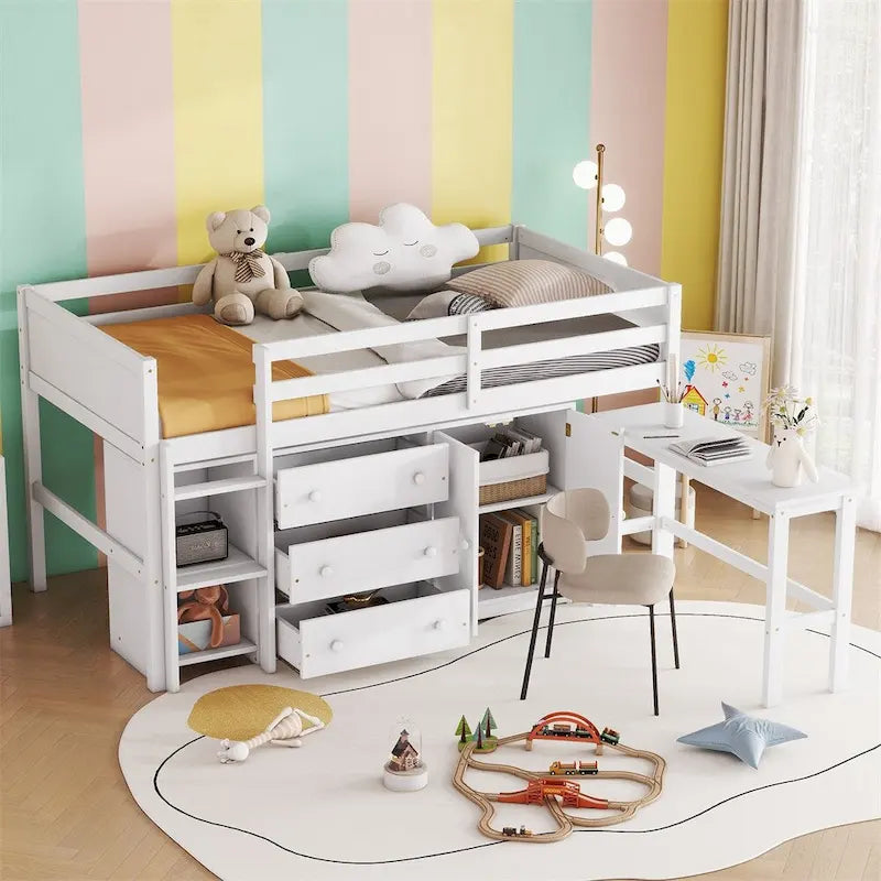 Cama baja tipo loft de madera de pino con escritorio extraíble y almacenamiento