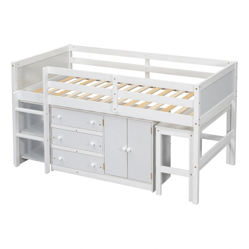 Cama baja tipo loft de madera de pino con escritorio extraíble y almacenamiento
