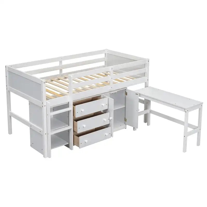 Cama baja tipo loft de madera de pino con escritorio extraíble y almacenamiento