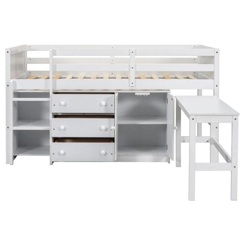 Cama baja tipo loft de madera de pino con escritorio extraíble y almacenamiento