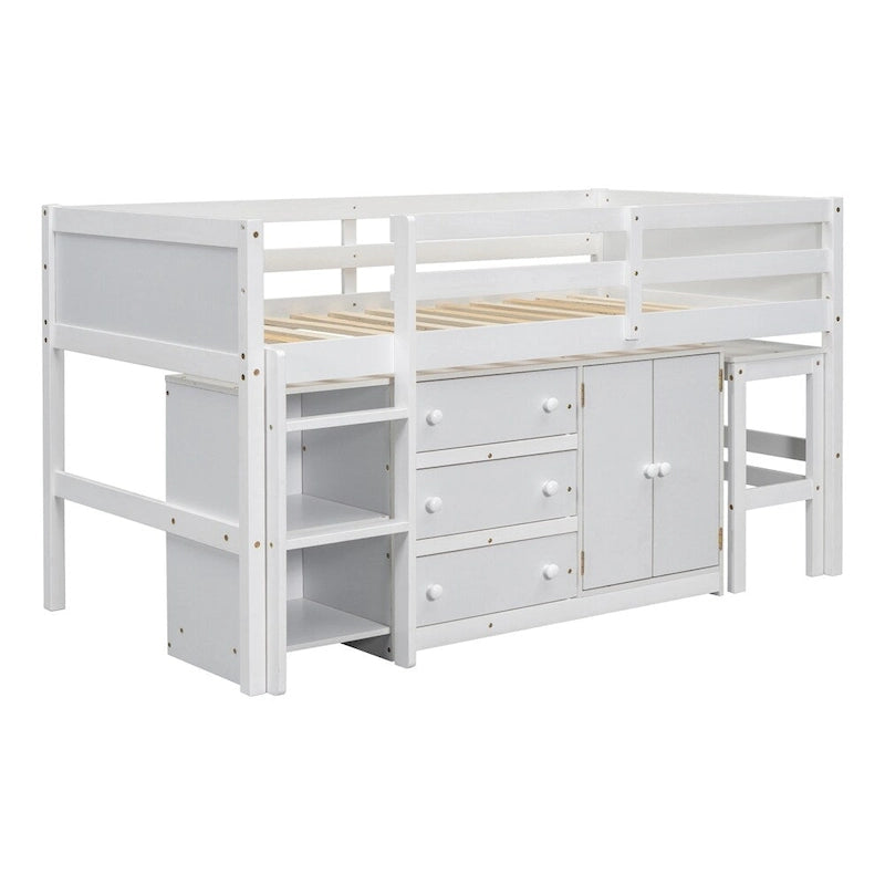 Cama baja tipo loft de madera de pino con escritorio extraíble y almacenamiento