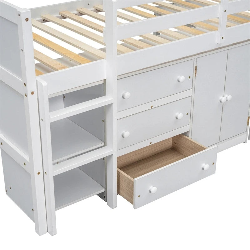 Cama baja tipo loft de madera de pino con escritorio extraíble y almacenamiento