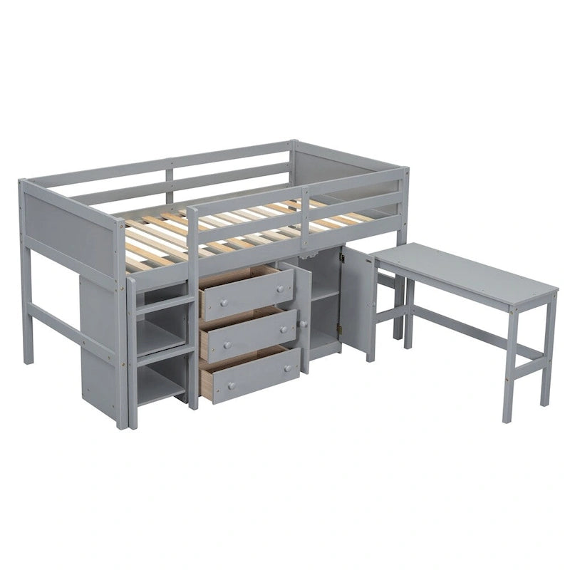 Cama baja tipo loft de madera de pino con escritorio extraíble y almacenamiento