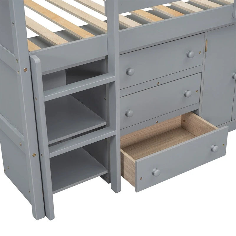 Cama baja tipo loft de madera de pino con escritorio extraíble y almacenamiento