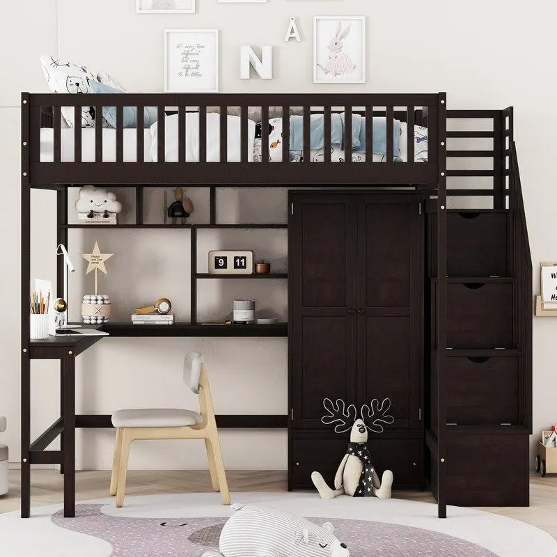 Cama alta tipo loft de madera de pino con escritorio, armario y almacenamiento integrados