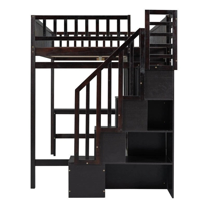 Cama alta tipo loft de madera de pino con escritorio, armario y almacenamiento integrados