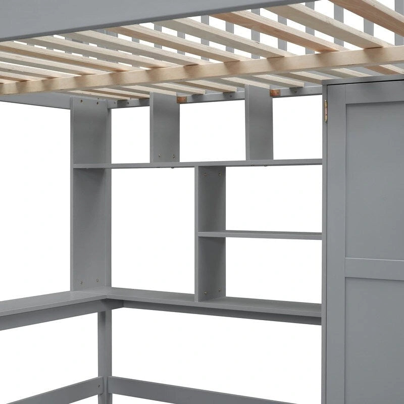 Cama alta tipo loft de madera de pino con escritorio, armario y almacenamiento integrados