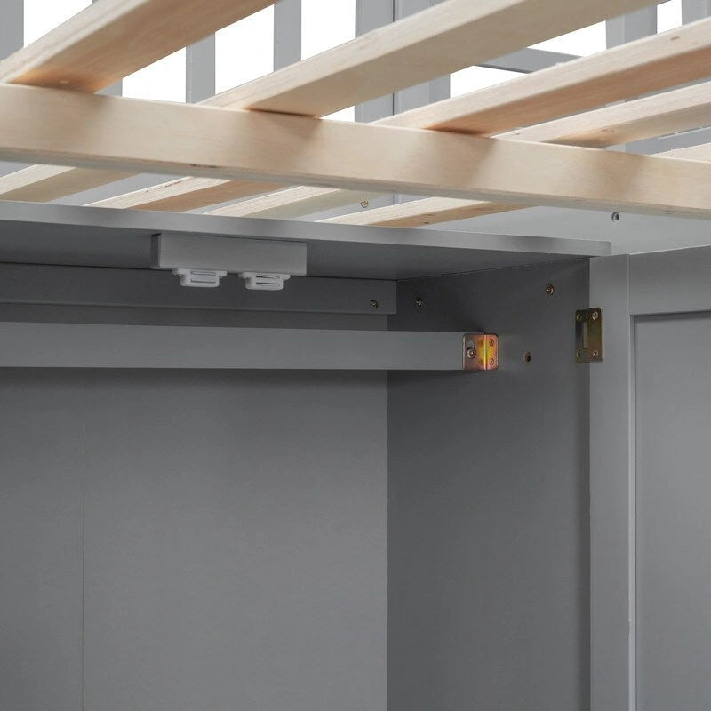 Cama alta tipo loft de madera de pino con escritorio, armario y almacenamiento integrados