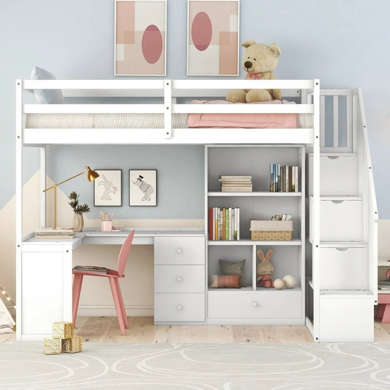 Cama alta tipo loft moderna de madera de pino con escritorio y escalera integrados