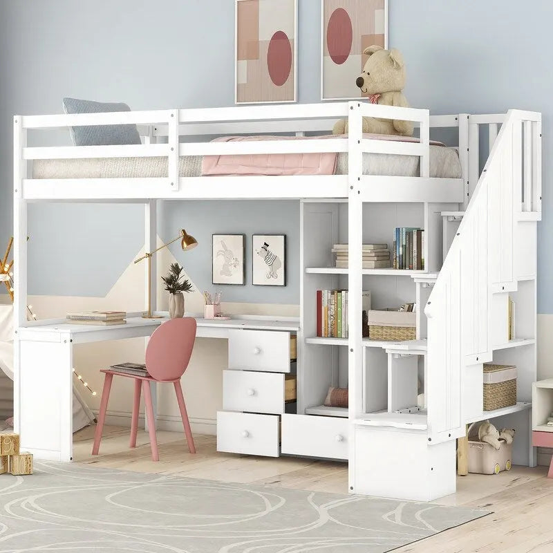 Cama alta tipo loft moderna de madera de pino con escritorio y escalera integrados