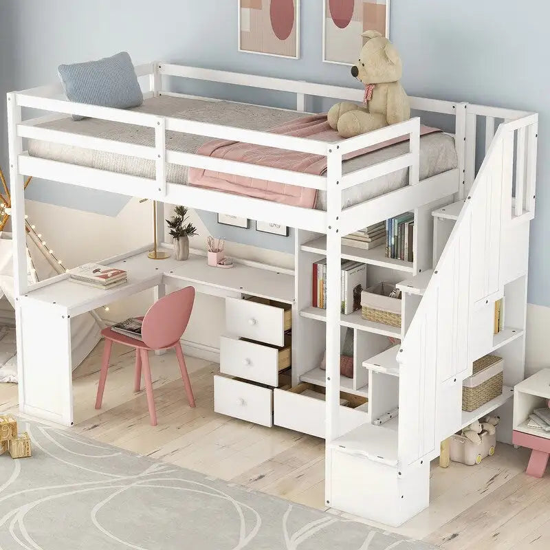 Cama alta tipo loft moderna de madera de pino con escritorio y escalera integrados