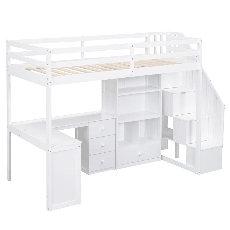 Cama alta tipo loft moderna de madera de pino con escritorio y escalera integrados