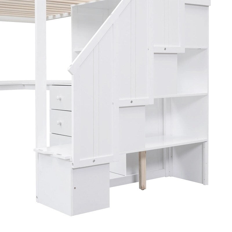 Cama alta tipo loft moderna de madera de pino con escritorio y escalera integrados