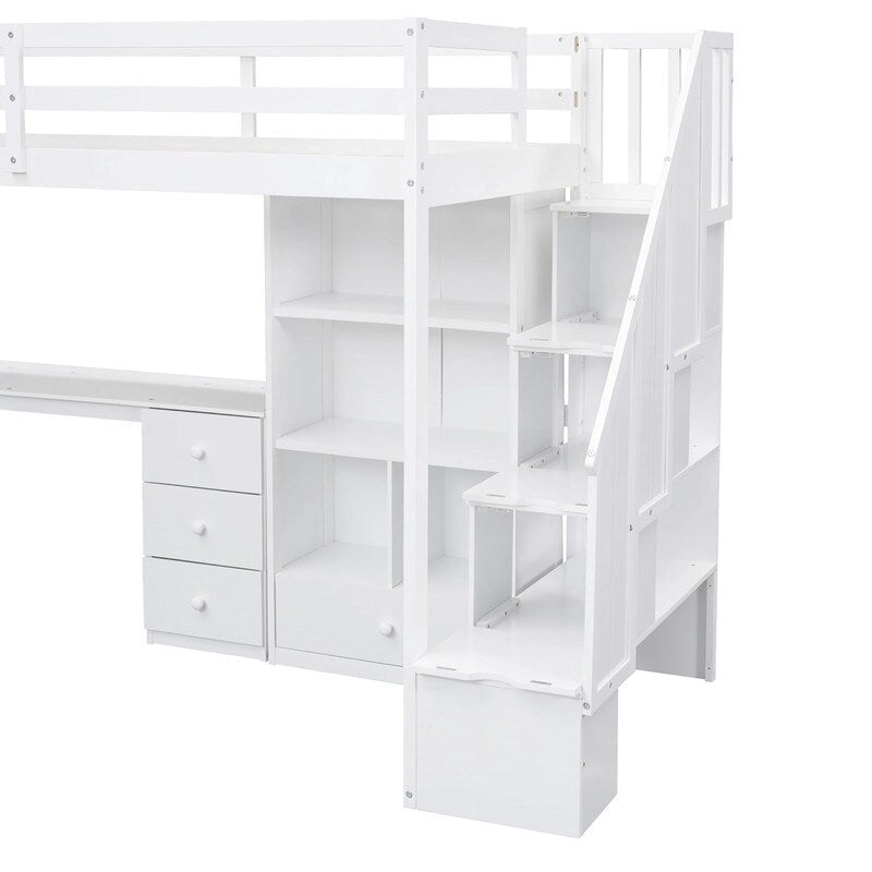 Cama alta tipo loft moderna de madera de pino con escritorio y escalera integrados