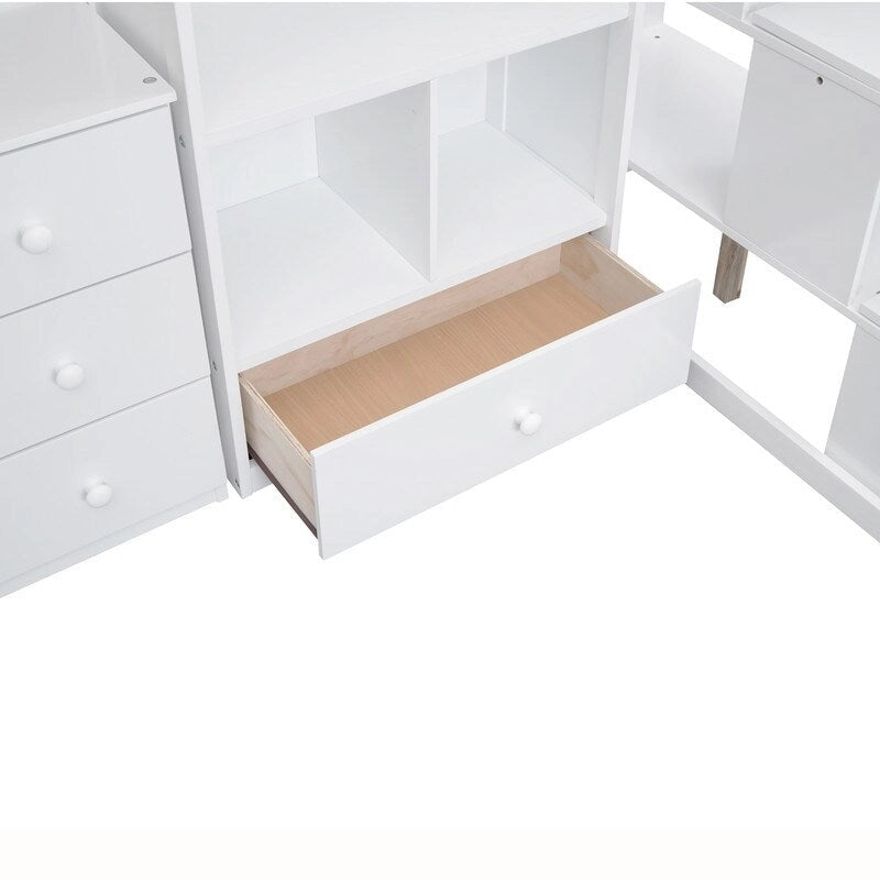 Cama alta tipo loft moderna de madera de pino con escritorio y escalera integrados