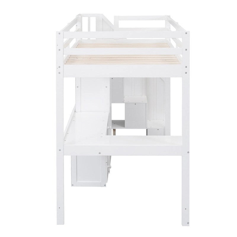 Cama alta tipo loft moderna de madera de pino con escritorio y escalera integrados