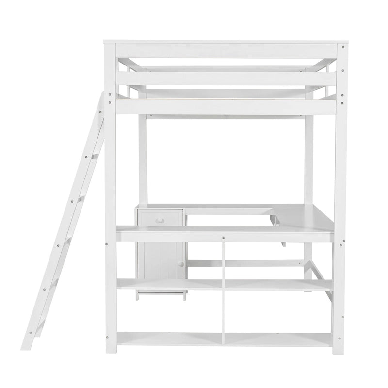 Cama alta tipo loft de madera de pino con escritorio en forma de U y cajones de almacenamiento