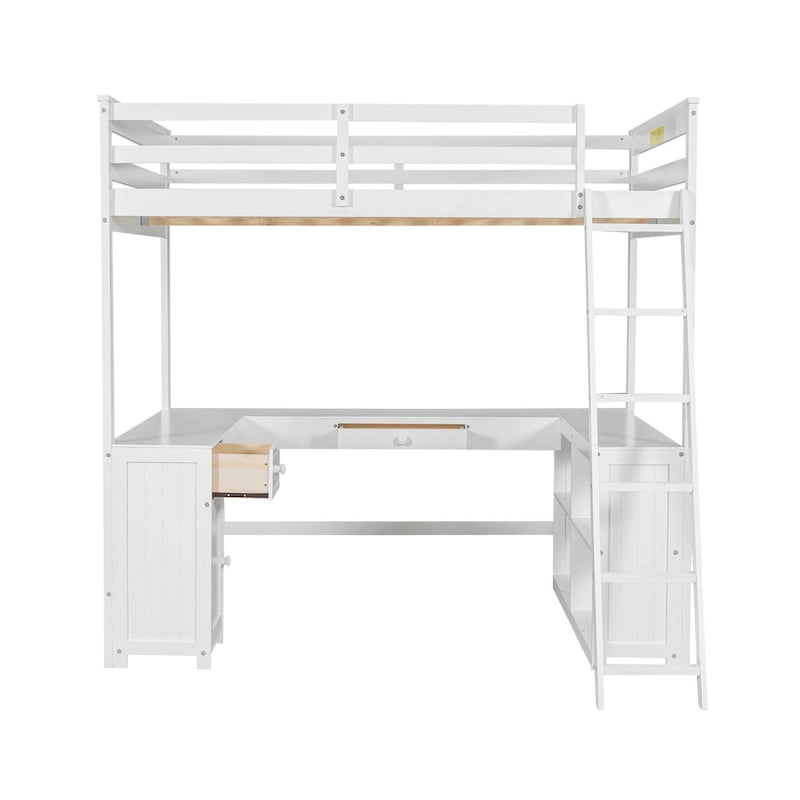 Cama alta tipo loft de madera de pino con escritorio en forma de U y cajones de almacenamiento