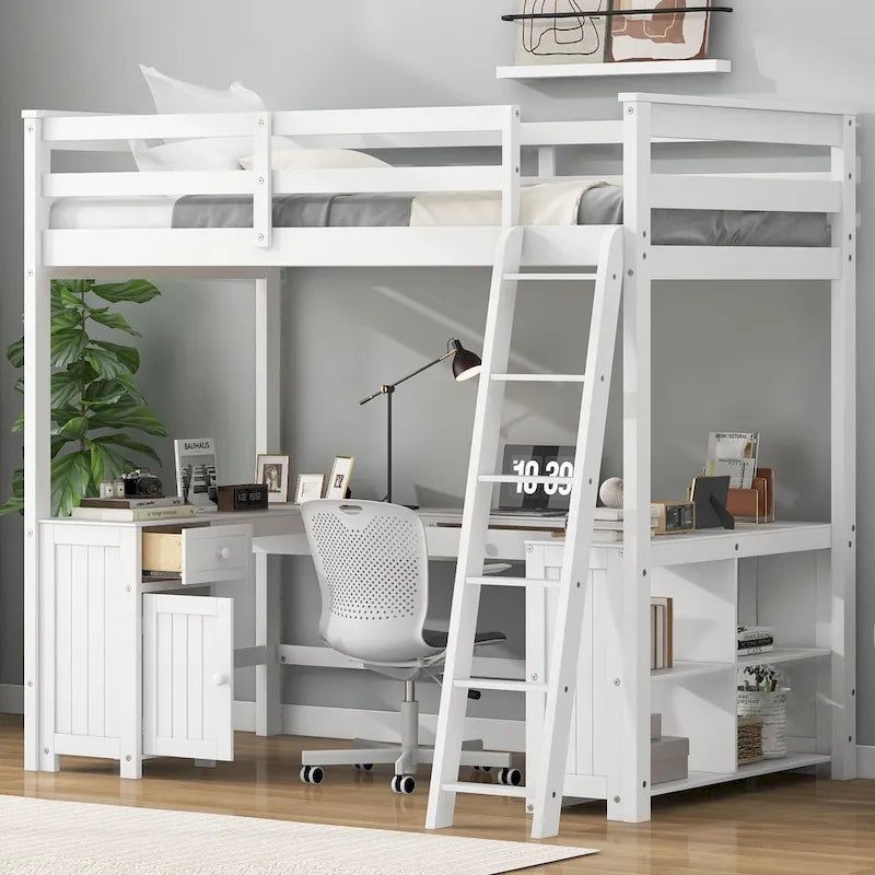 Cama alta tipo loft de madera de pino con escritorio en forma de U y cajones de almacenamiento
