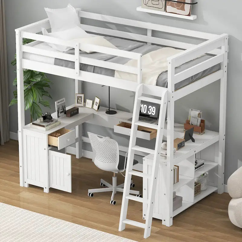 Cama alta tipo loft de madera de pino con escritorio en forma de U y cajones de almacenamiento