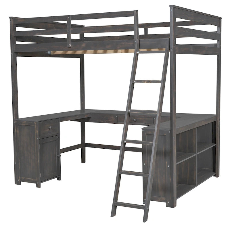 Cama alta tipo loft de madera de pino con escritorio en forma de U y cajones de almacenamiento