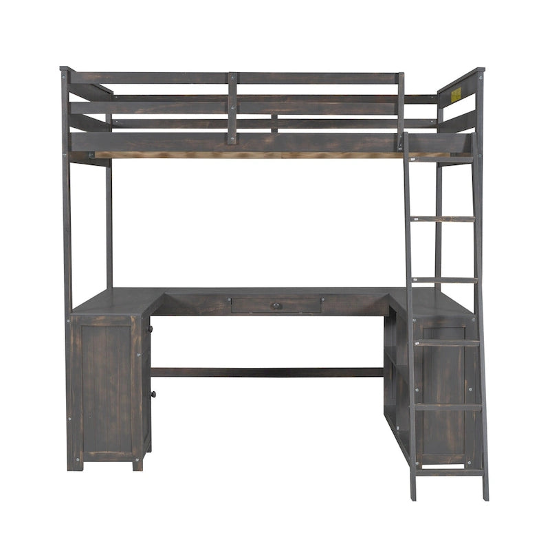 Cama alta tipo loft de madera de pino con escritorio en forma de U y cajones de almacenamiento