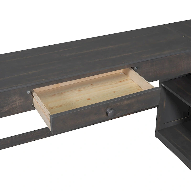Cama alta tipo loft de madera de pino con escritorio en forma de U y cajones de almacenamiento