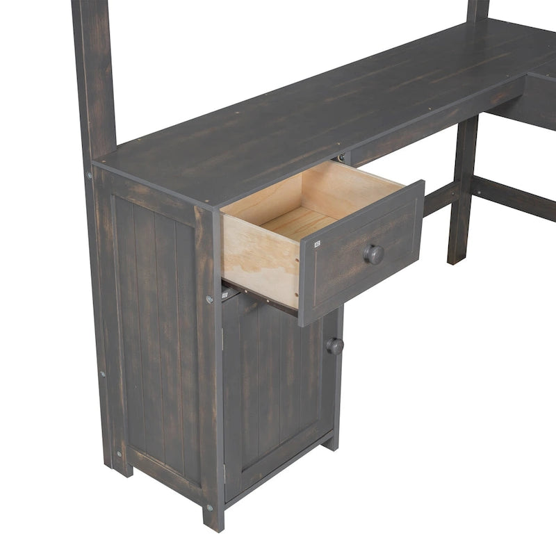 Cama alta tipo loft de madera de pino con escritorio en forma de U y cajones de almacenamiento