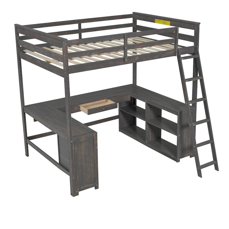 Cama alta tipo loft de madera de pino con escritorio en forma de U y cajones de almacenamiento