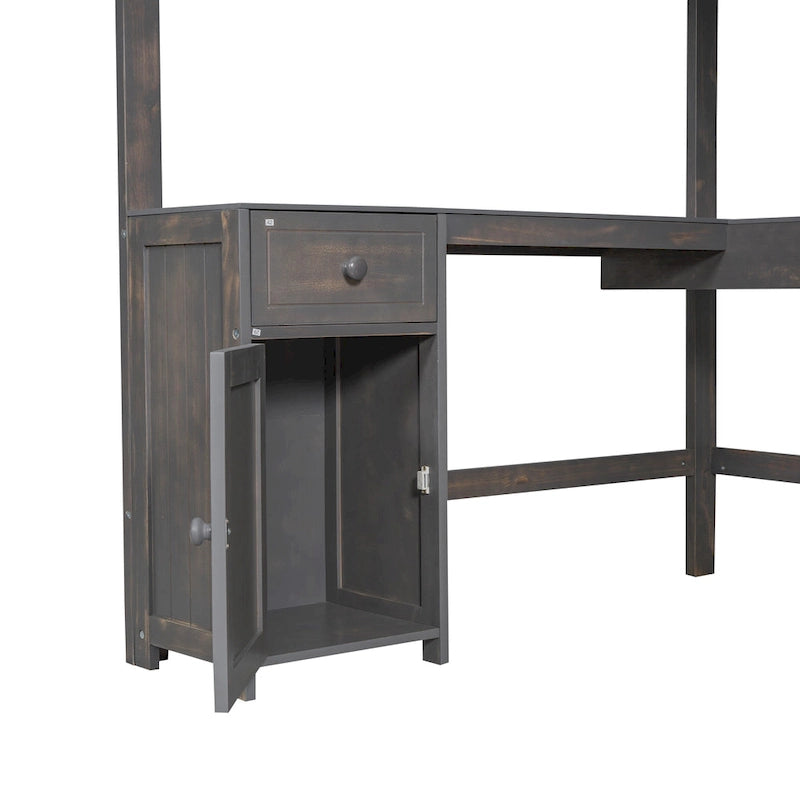 Cama alta tipo loft de madera de pino con escritorio en forma de U y cajones de almacenamiento