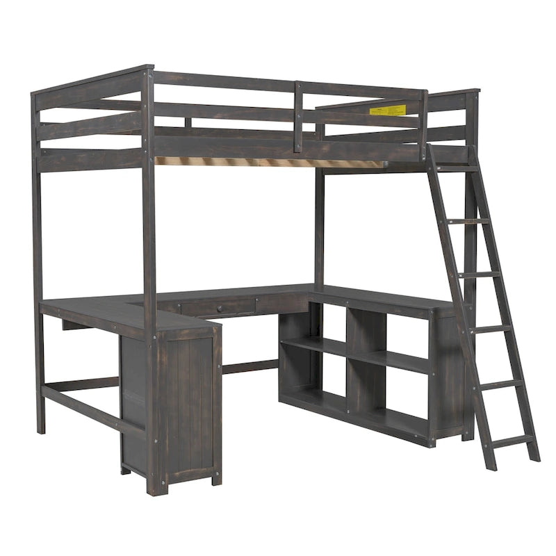 Cama alta tipo loft de madera de pino con escritorio en forma de U y cajones de almacenamiento