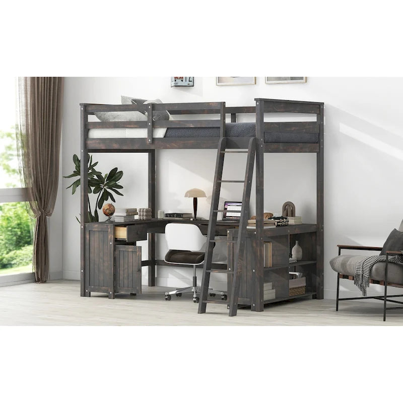 Cama alta tipo loft de madera de pino con escritorio en forma de U y cajones de almacenamiento