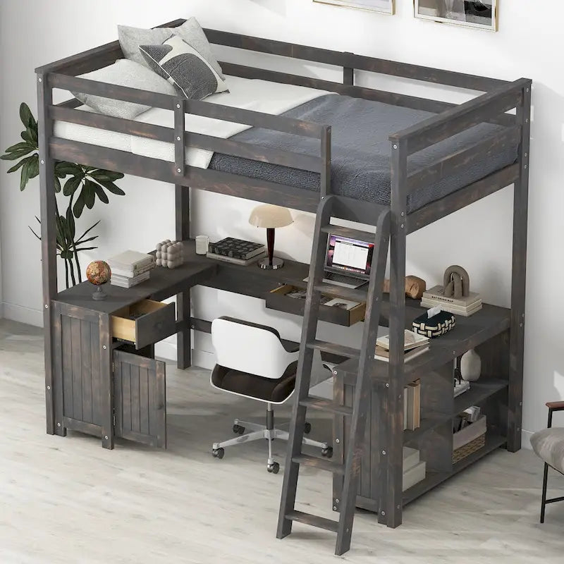 Cama alta tipo loft de madera de pino con escritorio en forma de U y cajones de almacenamiento