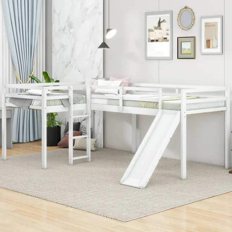 Twin Size L-Shaped Loft Bed with Ladder and Slide