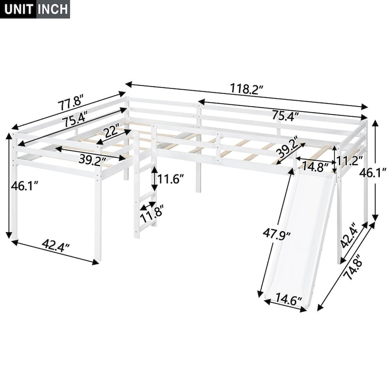 Cama baja tipo loft moderna de madera de pino blanca con escalera y tobogán