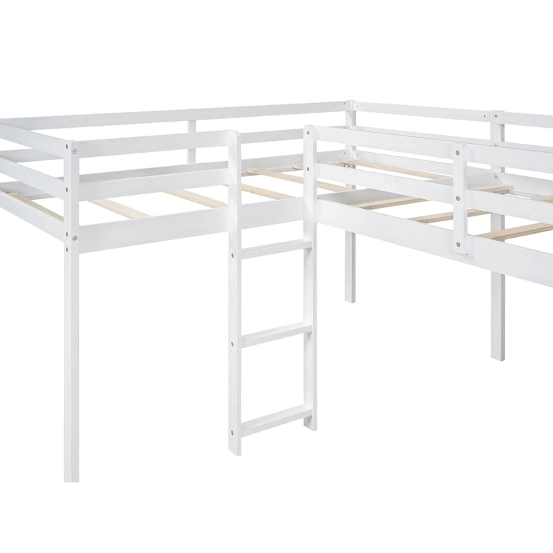 Cama baja tipo loft moderna de madera de pino blanca con escalera y tobogán