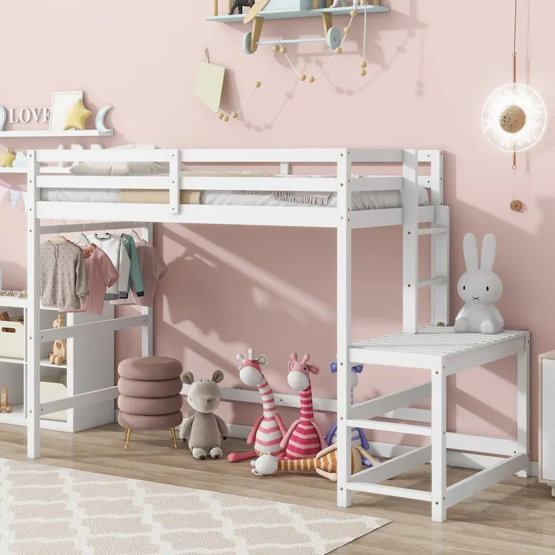 Cama alta tipo loft de madera de pino con plataforma de descanso y escaleras