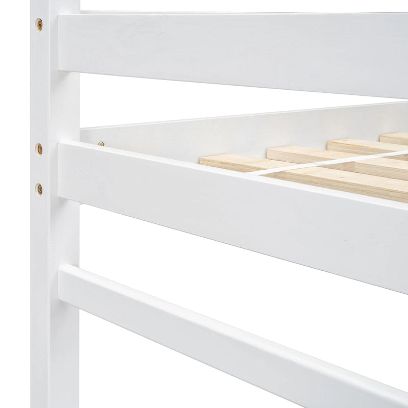 Cama alta tipo loft de madera de pino con plataforma de descanso y escaleras