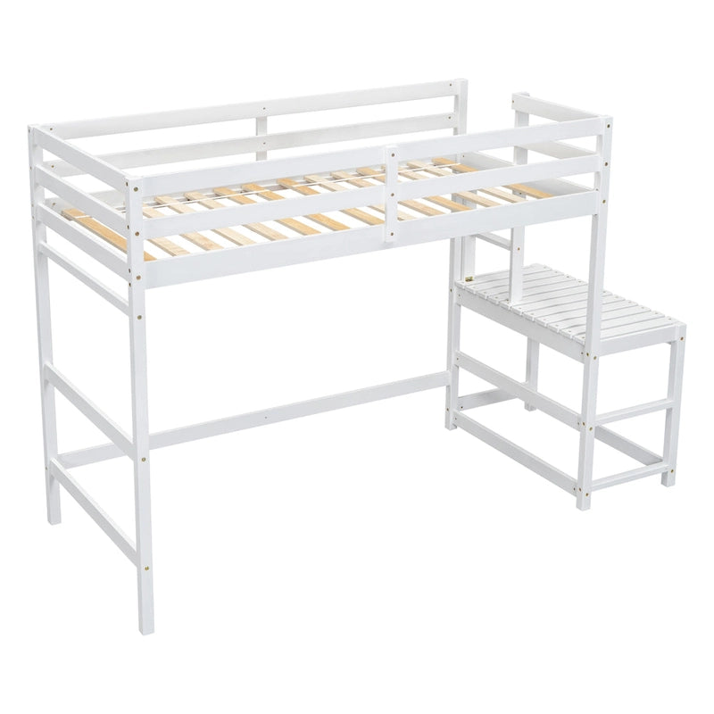 Cama alta tipo loft de madera de pino con plataforma de descanso y escaleras